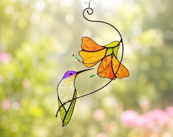 Hummingbird Stained Glass Wind Chime & Suncatcher, Window Hanging Decor, Bird Feeder Garden Gift