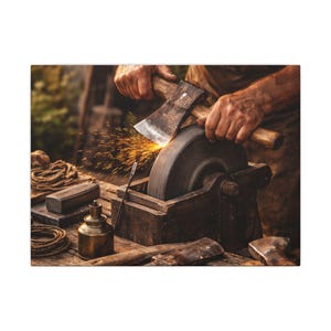 May include: An axe being sharpened on a grinding wheel, with sparks flying. The image shows a close-up of the axe head and the grinding wheel, with other tools and materials on a wooden surface. The scene evokes a sense of craftsmanship and manual labour.