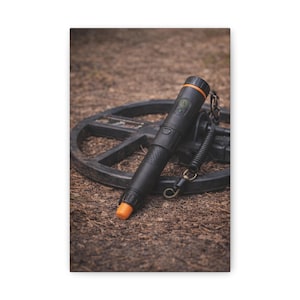 Może przedstawiać: Czarny wykrywacz metali z pomarańczowymi detalami, leżący na brązowych liściach i ziemi. Czarna cewka wyszukiwania znajduje się w tle. Wskaźnik ma zwiniętą smycz.