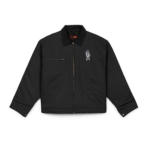 May include: Black jacket with a black corduroy collar, a zip closure, and two front pockets. An embroidered astronaut patch is on the right chest. The jacket has buttoned cuffs and a small zip pocket on the left chest.