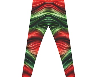 Abstracte yogalegging met rood-groen patroon en golven | Wervelpatroon | Moderne stretch fitnesslegging voor dames | Opvallende artistieke sportkleding