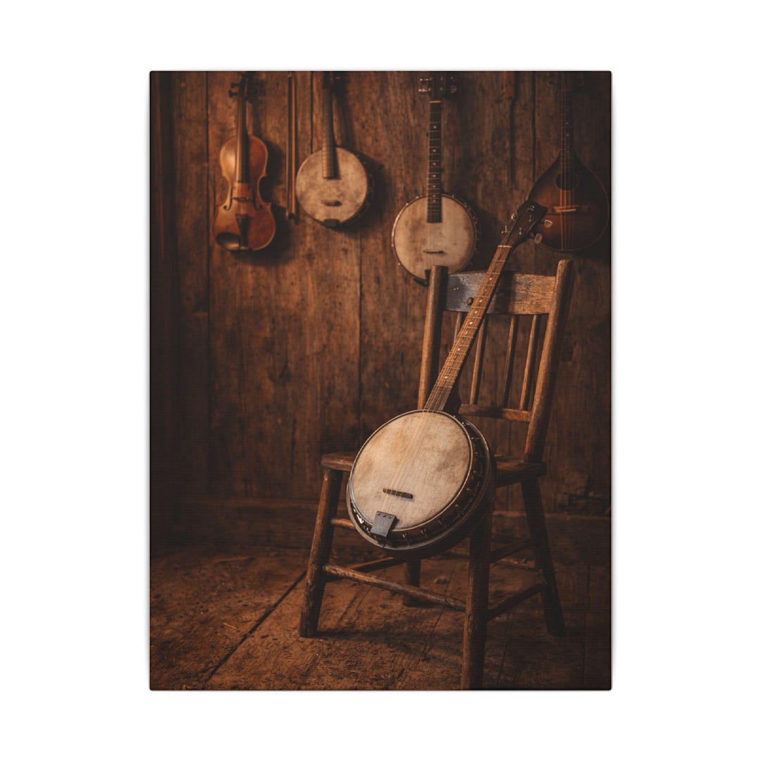 Rustic Fiddle Rustic Banjo and Fiddle Still Life Canvas | Appalachian Music Decor ...