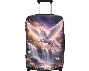 雄大なペガサス柄スーツケースカバー｜ファンタジー柄スーツケースカバー｜空飛ぶ馬の滝｜ユニコーンの翼の滝柄トラベルスリーブ