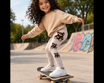 Leggings per bambini con orsetto carino | Stampa integrale per bambini | Orsetto tartarugato | Leggings divertenti per bambini | Pantaloni morbidi ed elasticizzati per bambine e neonate