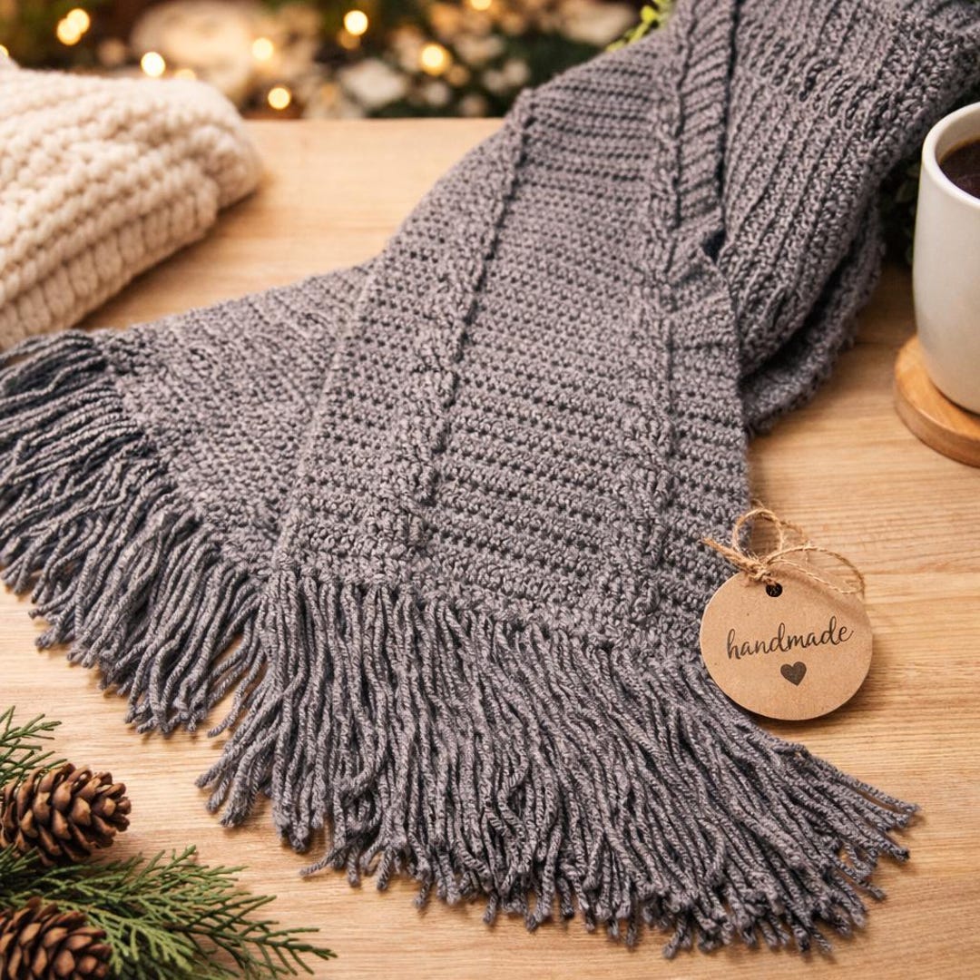 Mens Crochet Scarf Pattern | Gray Cable Knit Style | Handmade Winter ...