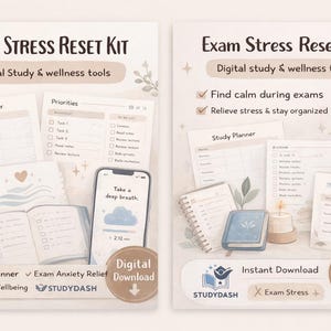 Peut inclure: Présentation du "Exam Stress Reset Kit", outils numériques d'étude et de bien-être. L'image montre un planificateur d'étude, un téléphone avec une application de respiration profonde et un carnet. Le kit comprend des outils de soulagement de l'anxiété et de bien-être.