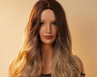 Peluca larga ondulada estilo americano con efecto degradado, peluca sintética resistente al calor, ondas grandes y sueltas, raya al medio, aspecto natural para mujer.
