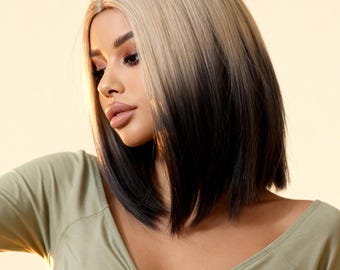 14"Burgundy Bob Wig Middle Part Short Straight Lob Shoulder Length Sleek Bob Wig for Women Heat Resistant Synthetic Hair Trendy Style