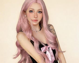 Peruca longa ondulada de 66 cm com risca ao meio, estilo Audrey com ondas grandes, peruca sintética rosa, tendência europeia-americana, cabelo macio e glamouroso para cosplay, peruca resistente ao calor.