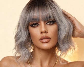 Peruca Bob Ombré Cinza Prateado de 33 cm com Franja, Inspirada no Estilo Audrey Hepburn, Cabelo Sintético Volumoso, Peruca Chique e Moderna em Estilo Europeu para Mulheres