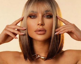 Peluca bob ombré hecha a mano con flequillo, peluca degradada marrón ceniza hasta los hombros, peluca completa estilo europeo, cabello liso natural, peluca de moda para mujer
