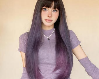 Peruca longa e lisa com degradê azul e roxo, 60 cm (23,6"), estilo Audrey, franja suave, que emoldura o rosto, cabelo com efeito degradê natural para uso diário. Feita de fibra sintética macia.