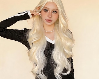 Peruca longa e ondulada loira platinada média de 66 cm (26") com risca ao meio, estilo europeu, ondas grandes, cabelo sintético, aparência natural, glamourosa, para cosplay e uso diário.
