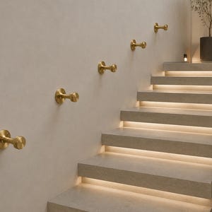 May include: A series of five circular brass wall hooks mounted in a diagonal line along a light-colored wall. Each hook features a round base plate with visible screw holes and a cylindrical stem ending in a flat, circular knob-like head.