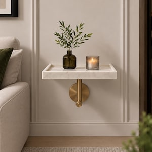 Väggmonterat marmorsidobord i mässing | Flytande rätvinkligt marmorsidobord | Modern sängbordshylla | Lyxigt vardagsrums- och köksbord