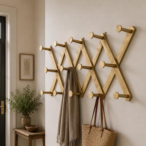 Solid Brass Expandable Accordion Wall Coat Rack | Folding Hat & Coat Hook | Modern Entryway Organizer | Handmade Brass Wall Hooks