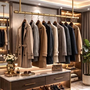 Puede incluir: Exhibición de abrigos y zapatos en un vestidor. Abrigos de varios colores cuelgan de una barra dorada, encima de un mueble de madera con cajones y una estantería para zapatos. También se ven un jarrón decorativo y un bolso pequeño.