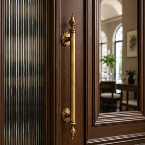 May include: A dark brown wooden door featuring a vertical brass handle with decorative finials at both ends. The door includes a panel with vertical reeded glass and a separate rectangular glass pane, showcasing a smooth, polished finish.