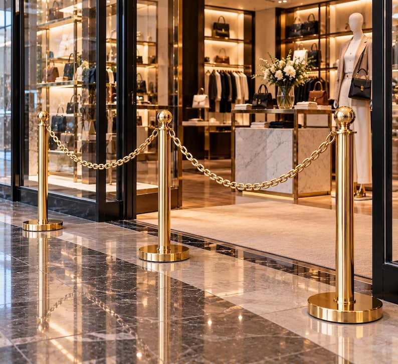Brass Stanchion Post With Chain, Gold Queue Barrier Stand, Luxury Hotel ...
