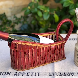 Vintage French Wicker Wine Bottle Basket: Farmhouse Bar Decor