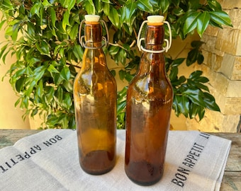 French Cider Beer Bottles, Set of 2, Amber Glass Cidre Bottle, White Porcelain Stopper, Vintage French Bottle Jar, French Farmhouse Decor