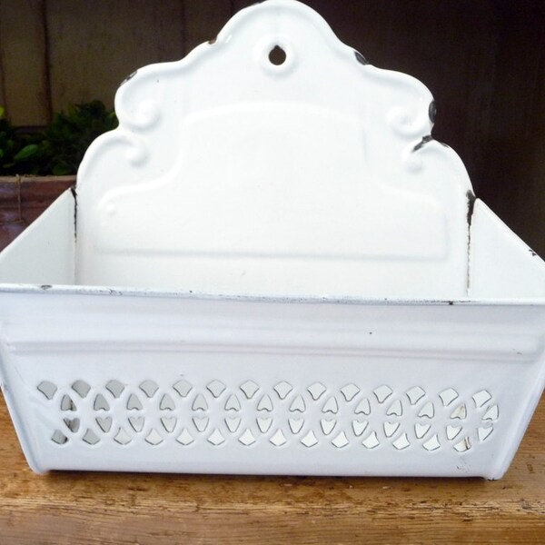 Vintage Rack Holder Pocket Mail Holder Towel Holder White Enamel Ware French Wall Hanging Farmhouse Cottage Kitchen