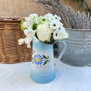 Antique French Enamel Pitcher: Floral Farmhouse Vase, 9&quot;