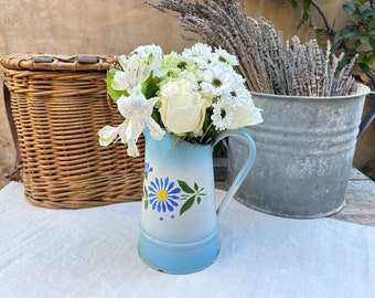 French Enamel Pitcher, Antique Enamel Flower Pitcher, French Floral Enamelware 9" Vase Jug, French Farmhouse Kitchen, Large Shabby Vase