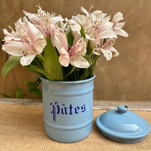 Vintage French Enamel Pasta Canister: Blue Farmhouse Kitchen Storage