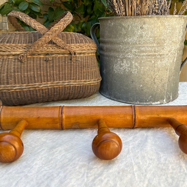 French Coat Rack, Vintage French Wall Rack, Antique Faux Bamboo Coat Rack Pegs, Turned Wood, French Towel Rack 3 Hooks, Farmhouse Decor