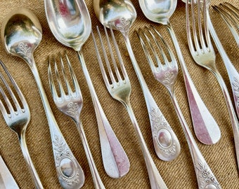 French Antique Silver Plate, Forks Spoons Utensils, Set 6 Forks 6 Spoons, 84G, 1920s, Design on Back, Art Nouveau