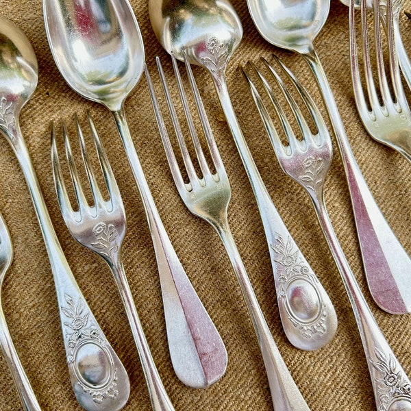 French Antique Silver Plate, Forks Spoons Utensils, Set 6 Forks 6 Spoons, 84G, 1920s, Design on Back, Art Nouveau