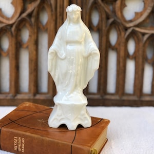 Antique French Mary Madonna Statue: White Glazed Ceramic, Catholic Gift
