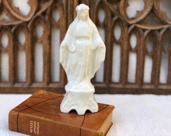 Antique French Mary Madonna Statue: White Glazed Ceramic, Catholic Gift