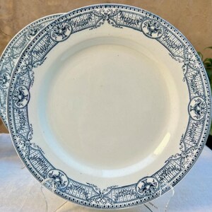 Antique French Transfer Ware Plates, 1900 Set of 4, Salins R&A Directoire Blue French Ironstone Dinner Plates, Antique  Terre de Fer Plates