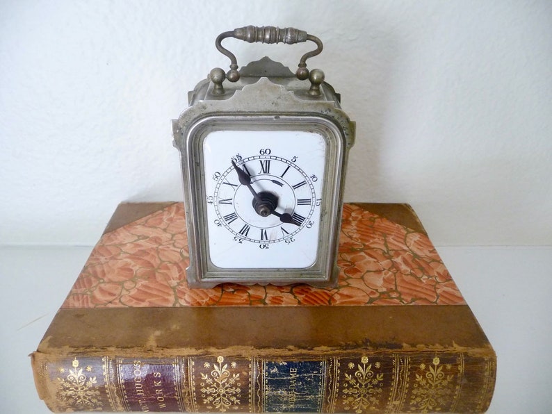 Vintage French Alarm Clock Military Wind Up Enamel Dial Desk Accessory Art Nouveau Non Working