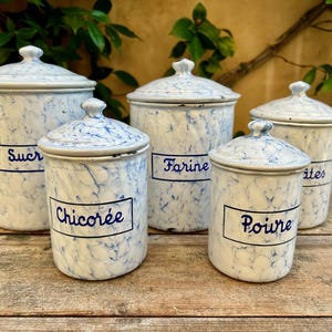 Vintage French Enamel Canister, Antique French BB FRERES, Sold Individually, Kitchen Canister, Enamelware White Blue Marbled Kitchen Storage