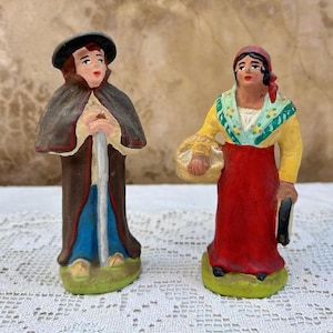 French Santons Aubagne Provence 6&quot;, Two Flat Back Figures, Shepherd and Baker, Antique Christmas Creche Nativity Terra Cotta Signed Santons