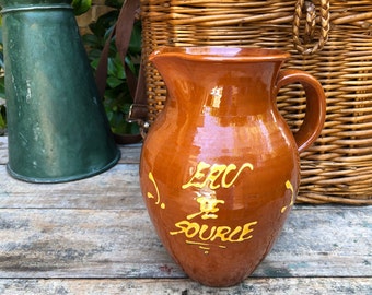 Antique French Pottery Pitcher: Vintage Farmhouse, Terracotta Carafe or Jug