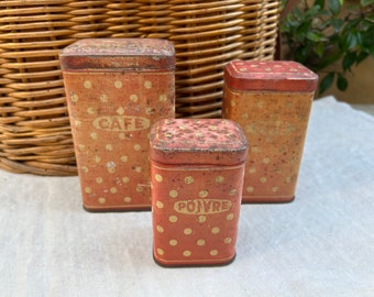 Vintage French Canisters, French Tin Coffee Tea Pepper Set, Canisters With Hinged Lids, Vintage French Tin Box, Red Polka Dot Container