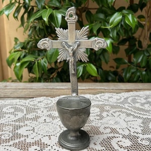 Antique French Holy Water Font: 1800s Metal Crucifix Stoup, Traveling Priest Icon