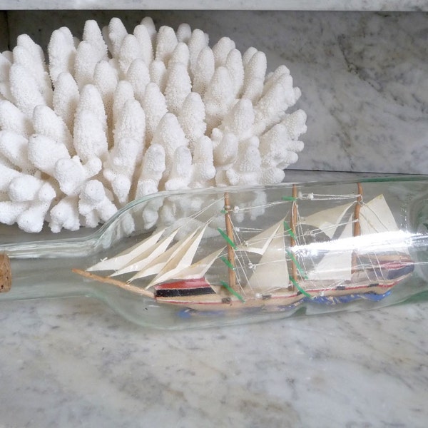 Vintage French Ship in a Bottle Maritime Collectibles Miniature Ship Model Sail Boat Beach Decor Coastal Decor Made in France