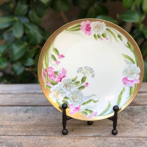 Vintage Bavaria Porcelain Plate: Hand-Painted Pink & White Flowers, Gilt Edge