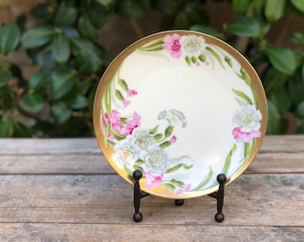 Vintage Plate Bavaria, Antique Hand Painted Plate, Flower Plate, German Porcelain, Signed, Gilt Pink White Flowers