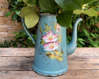 French Enamel Coffee Pot, Antique Biggin, Vintage 1930s Blue Flowers Enamelware Coffee Pot Vase, No Lid, Vintage French Kitchen, Shabby Chic