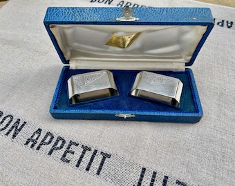 French Madame Monsieur Napkin Rings in Box, French Silver Metal Argent, Napkin Holder Set, Art Deco Wedding Gift, Marseille France