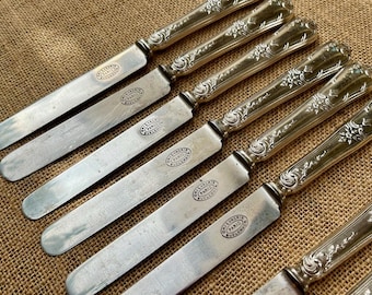 Antique French Silver Plated Paris Knives Set of 6: Boulenger, 1920s Luncheon Knives