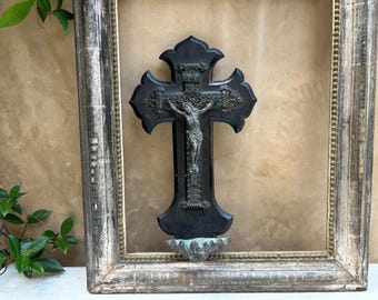 Antique French Holy Water Font: Large Wall Crucifix, Ebonized Wood Cross, Religious Wall Decor