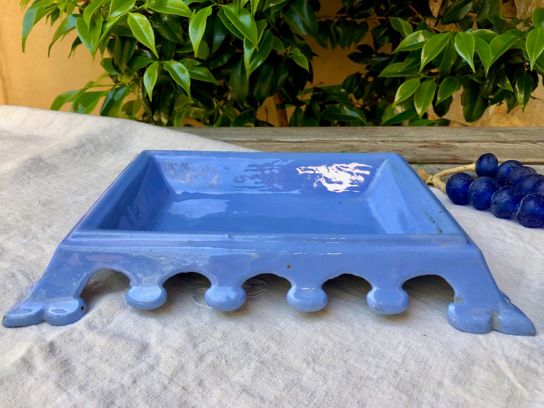 Antique Cast Iron French Spittoon, French Tray, Blue Cast Iron Enamel Metal Bistro Spittoon