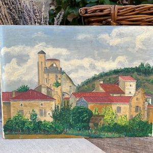 Antique 1939 French Provence Landscape Painting – Signed Vintage Oil, Village Landscape, Original Art, French Country Kitchen Wall Decor